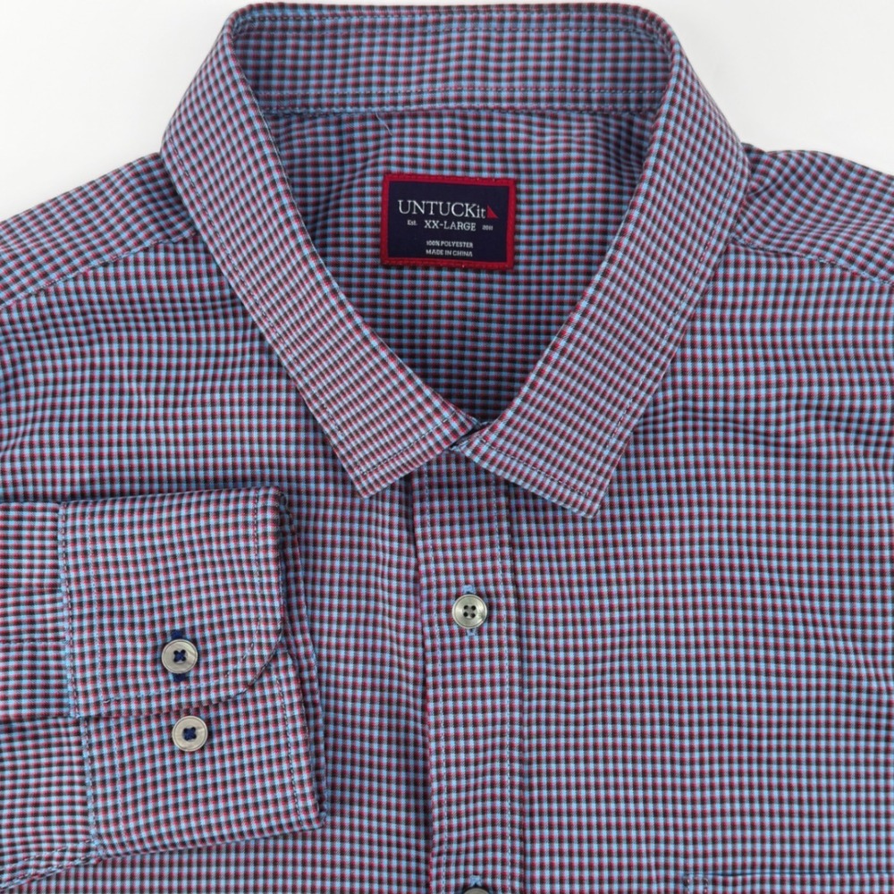 UNTUCKit Mens XX-Large Blue Red Micro Check Polyester Button Down Shirt XXL
